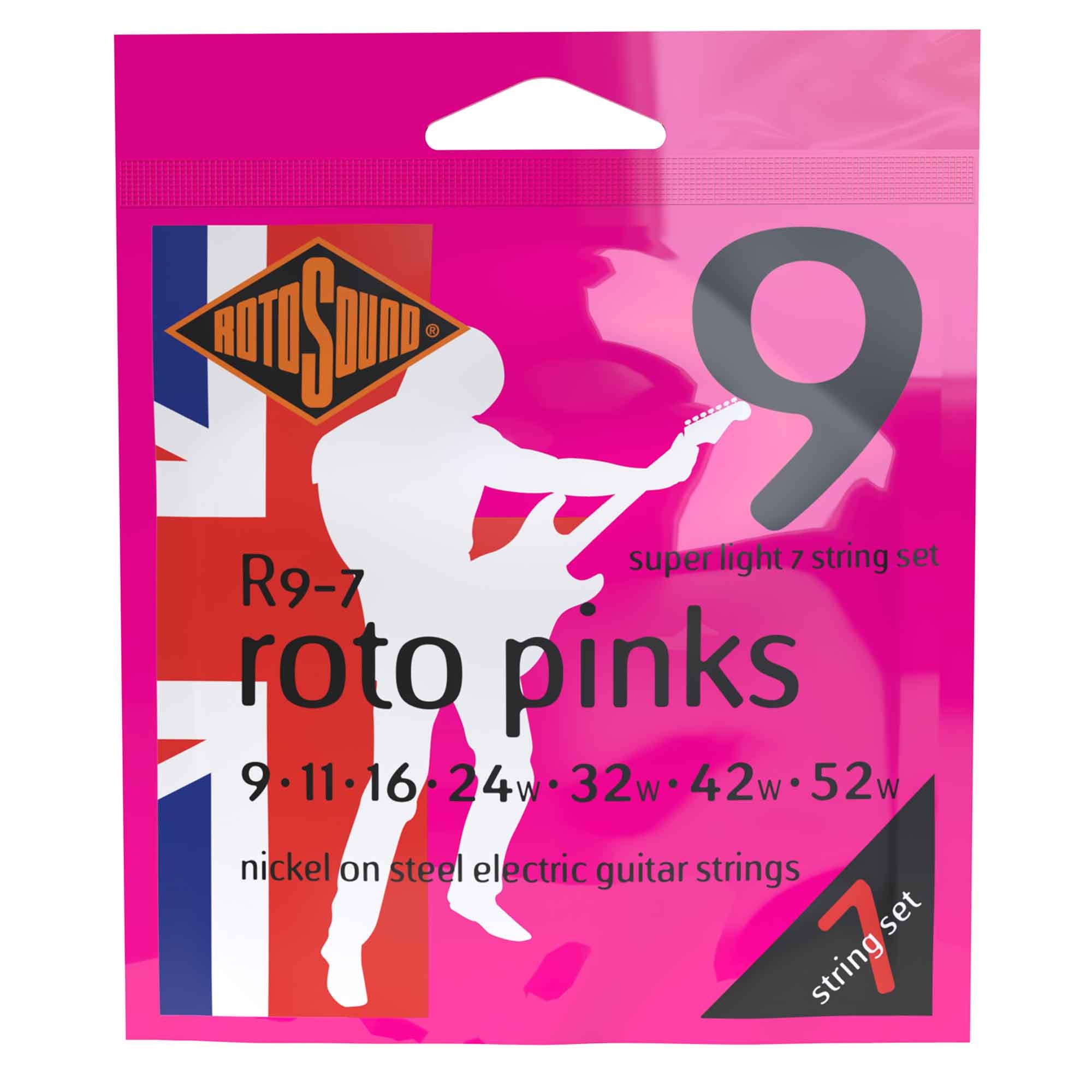 Rotosound R9-7 ROTO Pinks 7-String Nickel Wound 9-52 Electric Guitar Strings - Light, the Ideal Choice for Rockers!