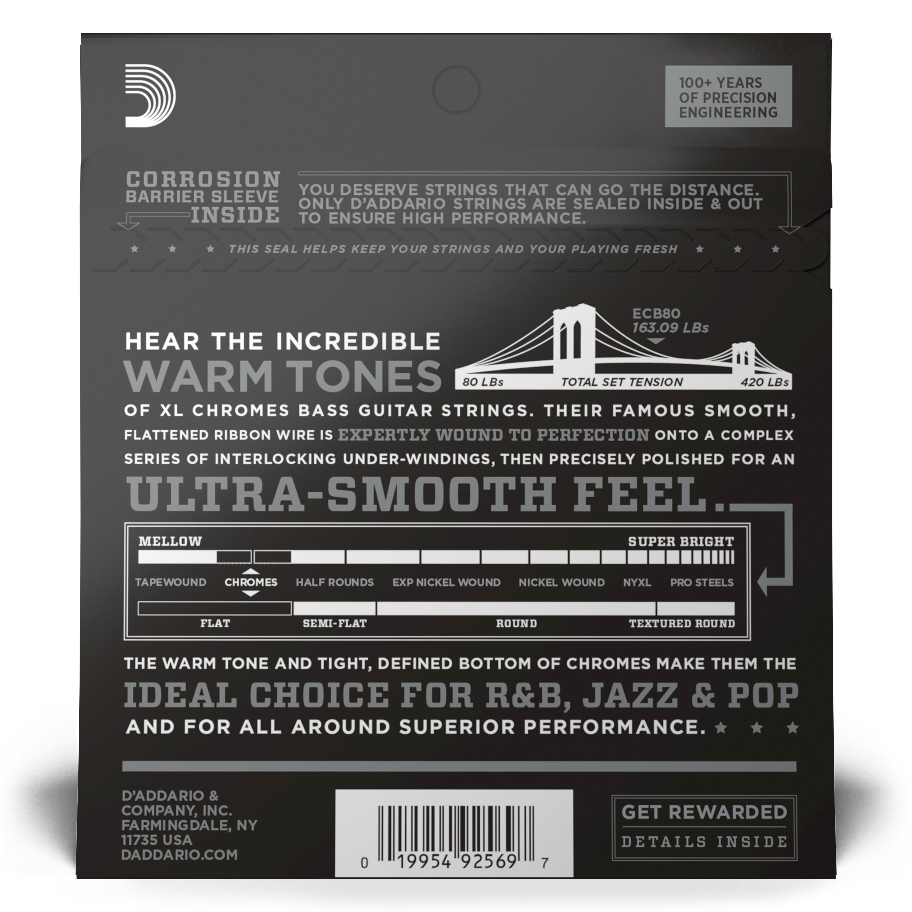 D'Addario Chromes 40 - 95 Stainless Steel Flatwound Bass Guitar Strings: Long Scale ECB80 - Ideal for Jazz, R&B & Pop!