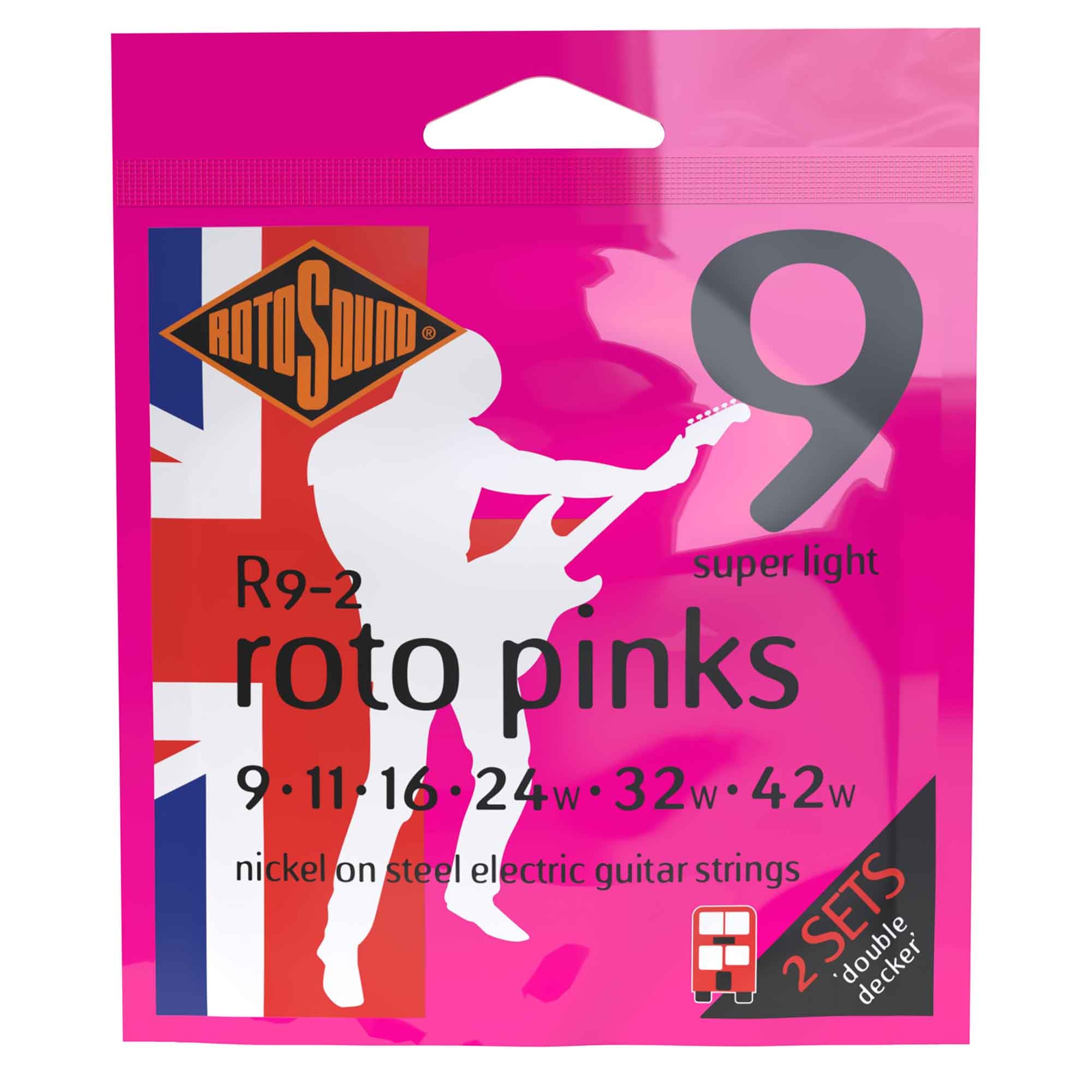 Rotosound R9-2 ROTO Pinks Nickel Wound 9-42 Electric Guitar Strings: Light, Double Decker Twin Pack - Unleash Your Rock!