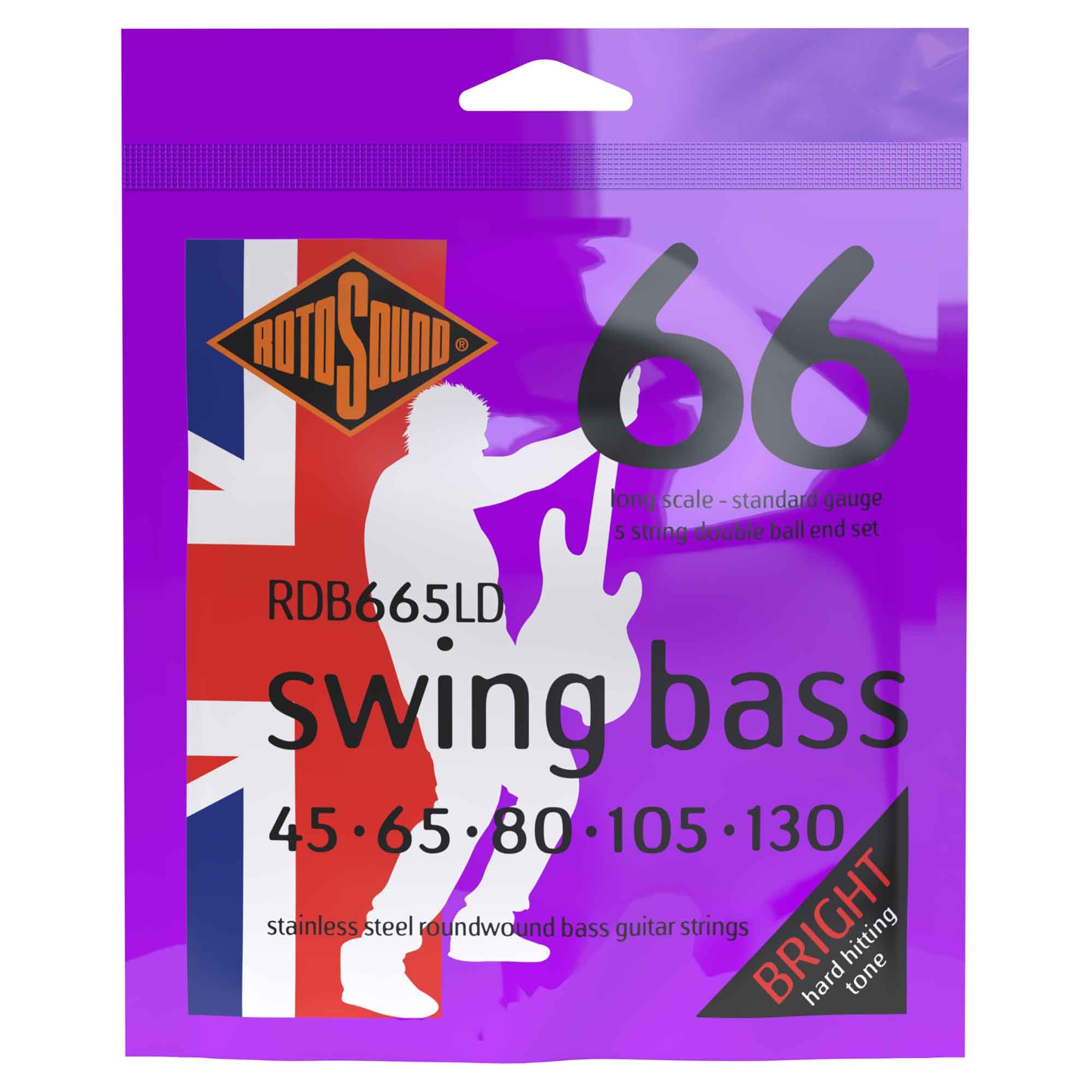 Rotosound RDB665LD Swing Bass Stainless Steel Double Ball End 5-String Long Scale Bass Guitar Strings (45 - 130) - A Must - Have for Bassists!