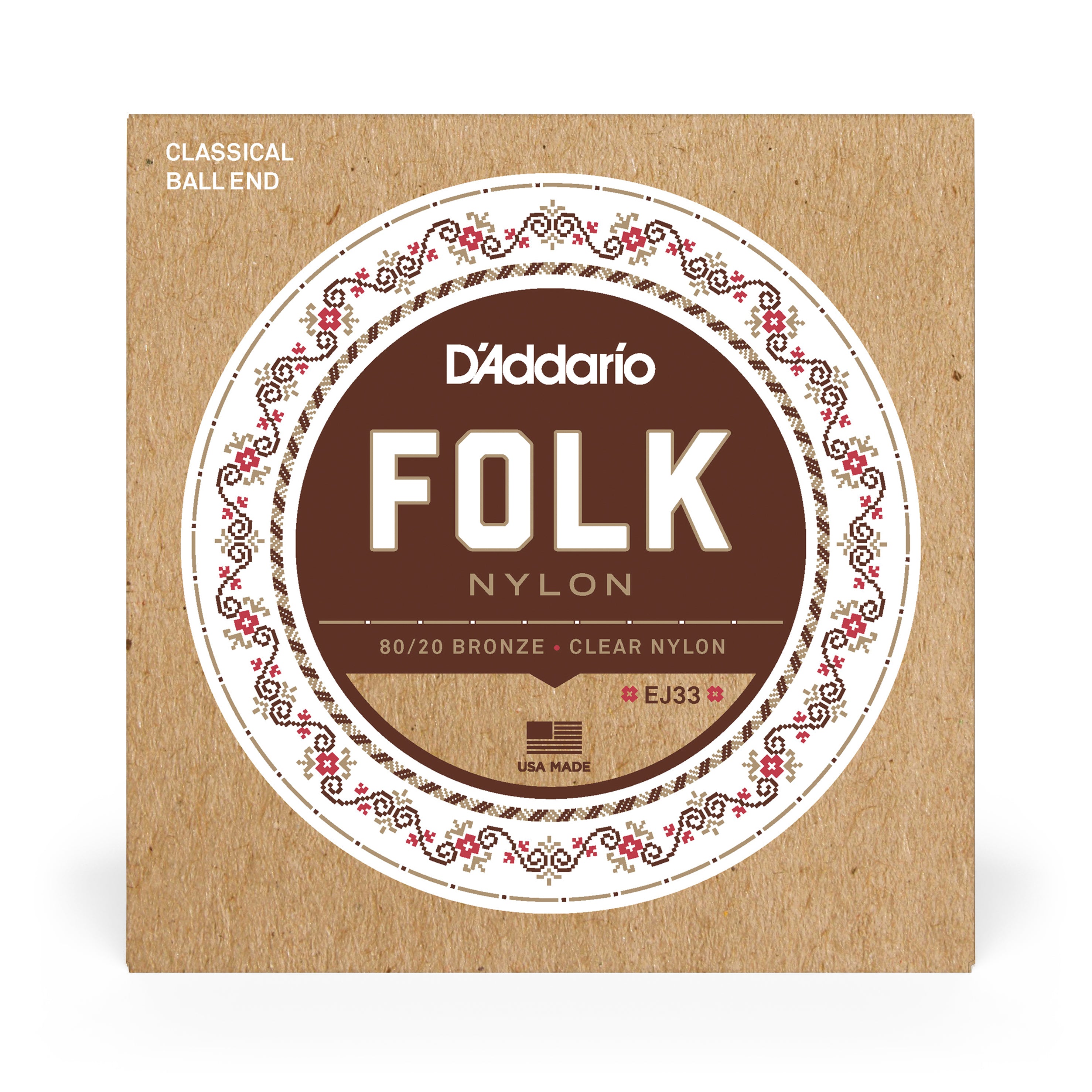 D'Addario EJ33 Folk Nylon Acoustic Guitar Strings - Premium 80/20 Bronze & Clear Nylon with Ball-Ends