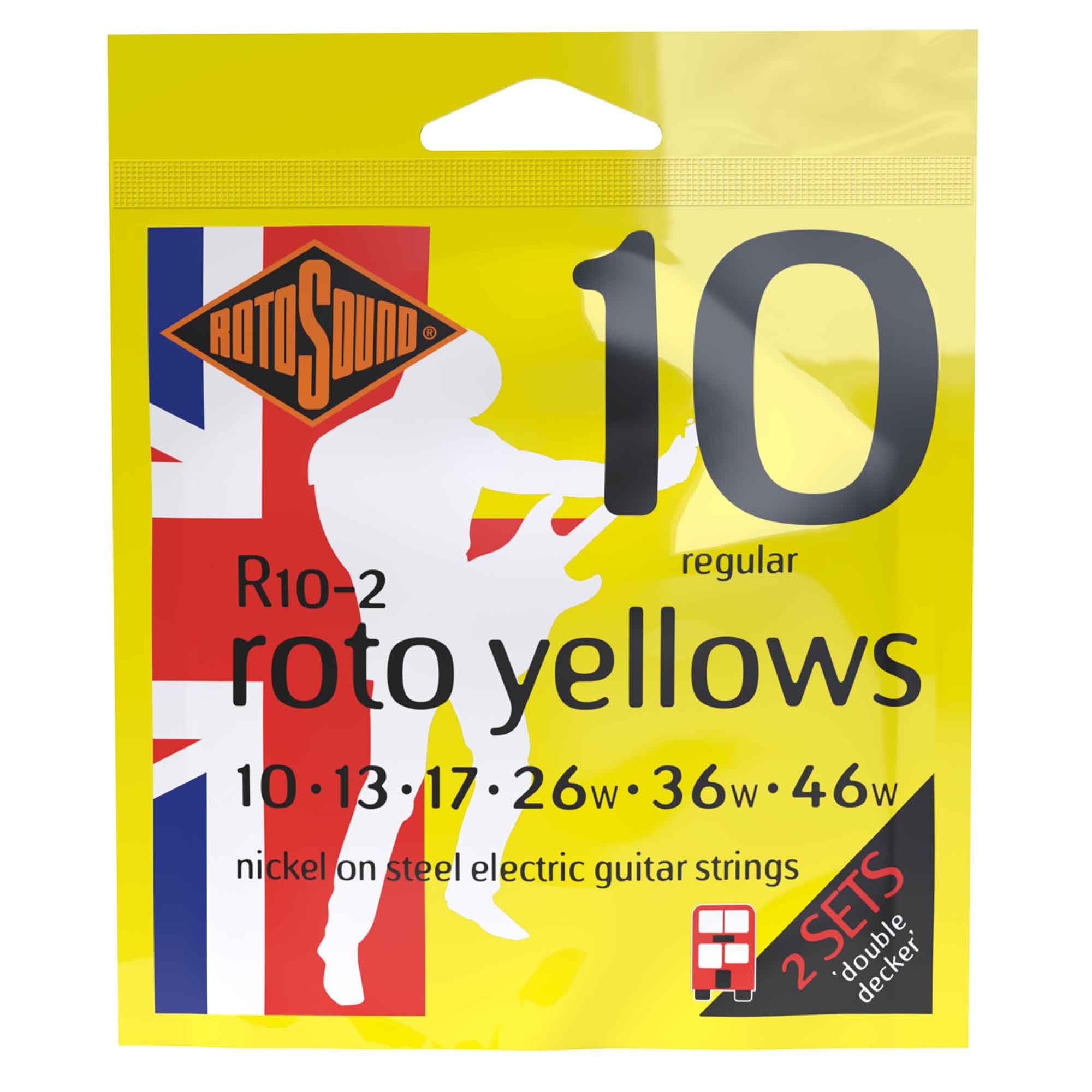 Rotosound R10-2 ROTO Yellows Nickel Wound Electric Guitar Strings 10-46 - Regular Double Decker Twin Pack
