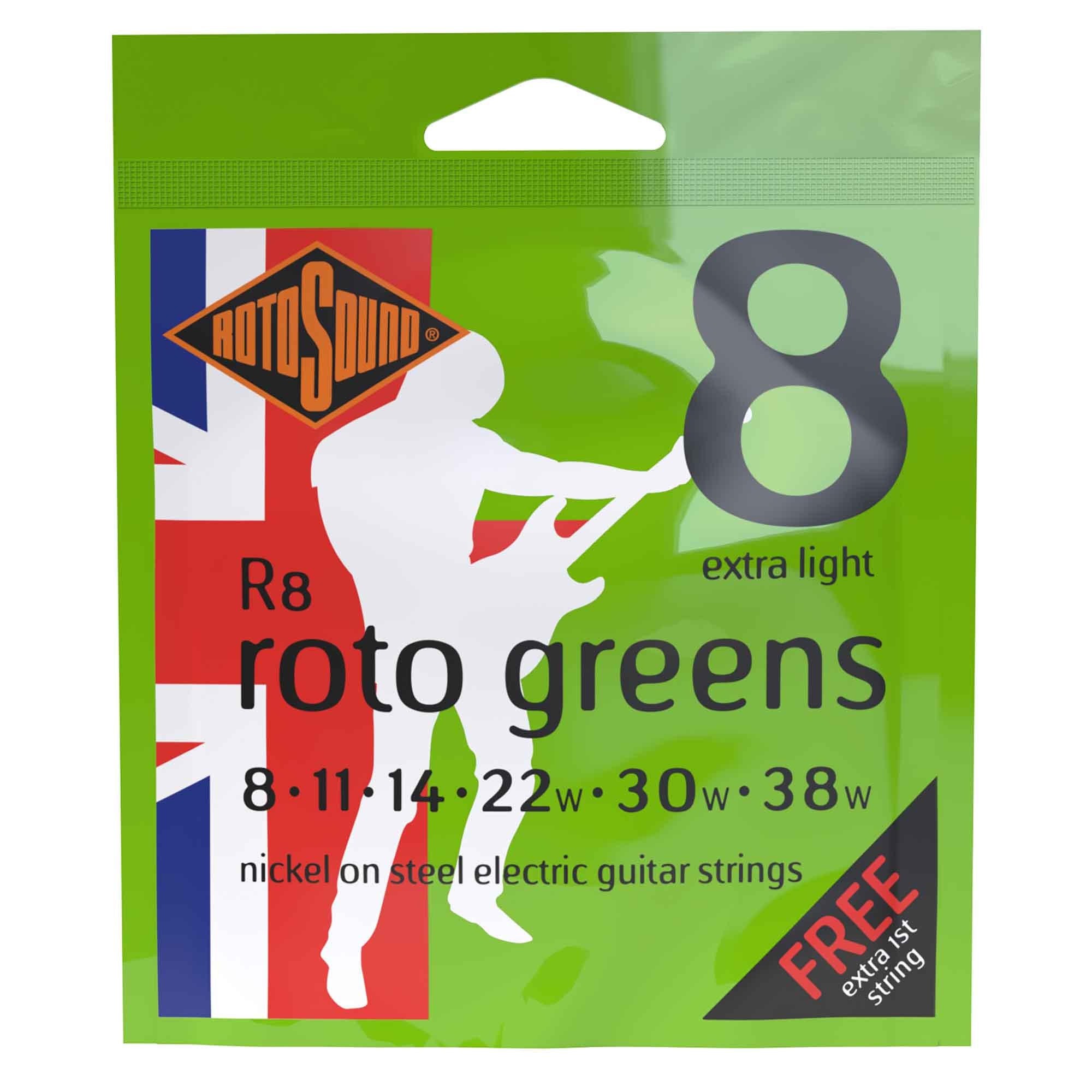 Rotosound R8 ROTO Greens Nickel Wound 8-38 Electric Guitar Strings - Extra Light: The Ultimate Rock Strings!