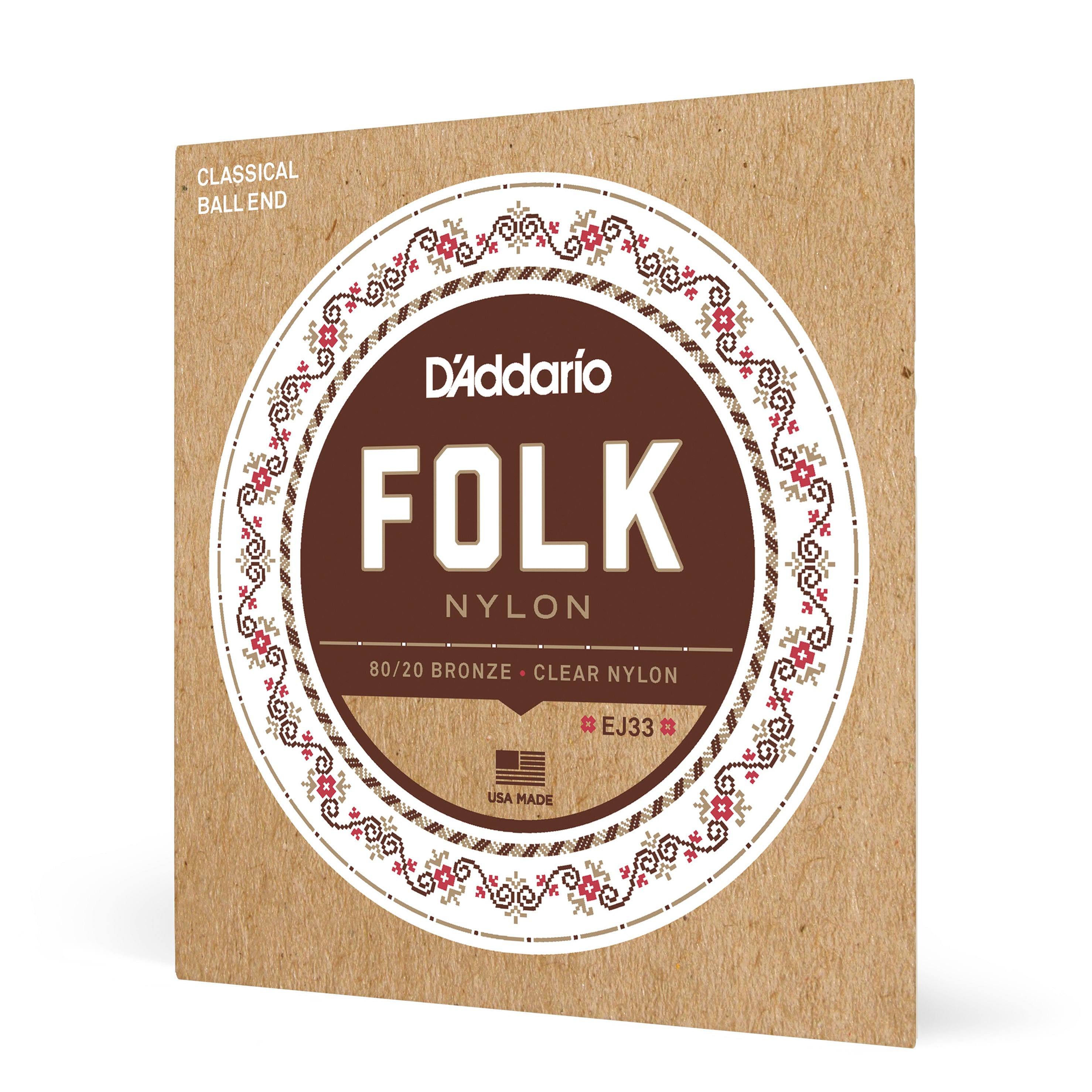 D'Addario EJ33 Folk Nylon Acoustic Guitar Strings - Premium 80/20 Bronze & Clear Nylon with Ball-Ends