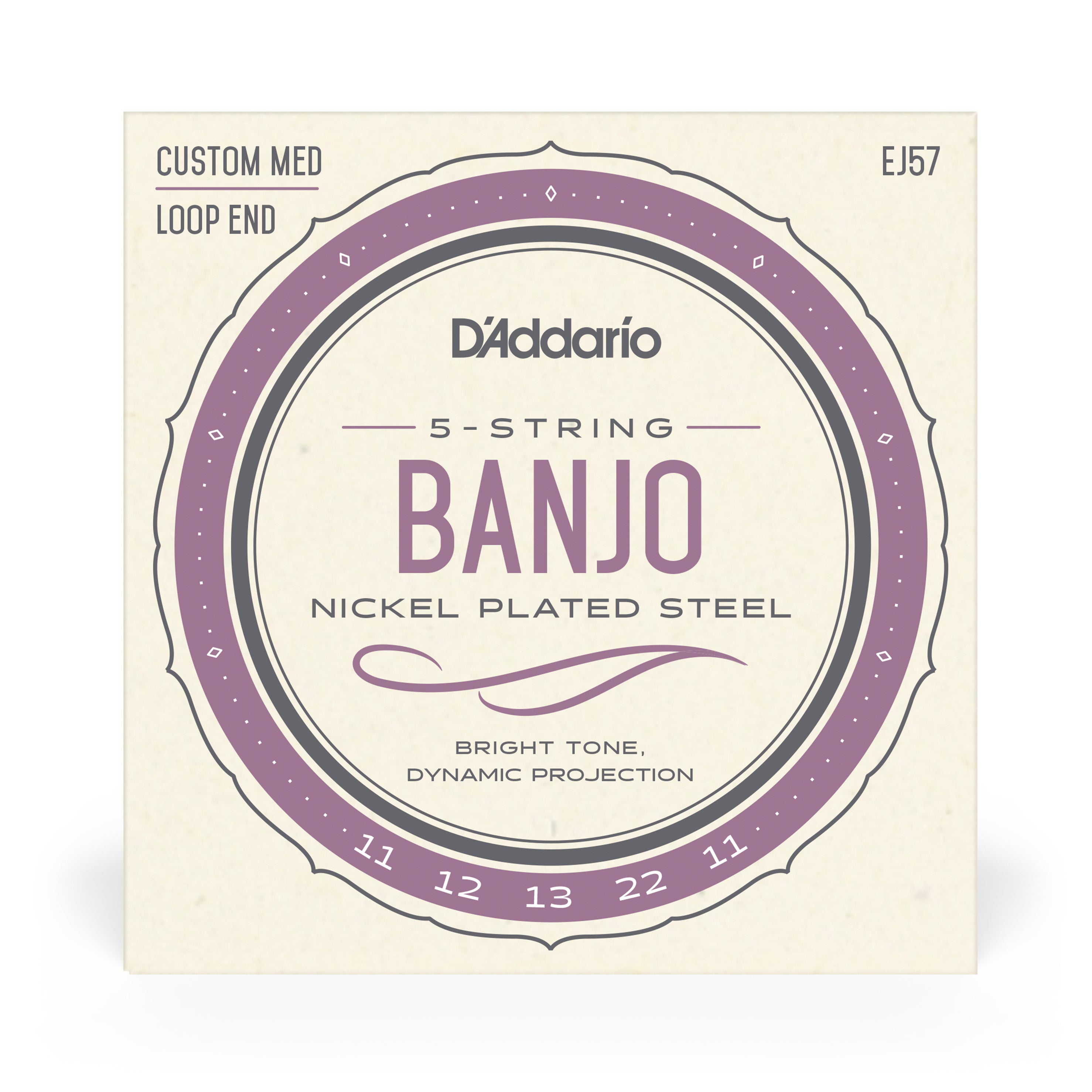 D'Addario EJ57 5-String Banjo Strings: Custom Medium Nickel Wound with Loop End (11 - 22)
